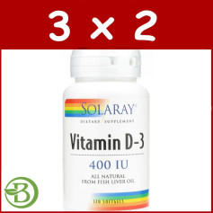 Pack 3x2 Vitamine D3 400UI 120 Perles Solaray