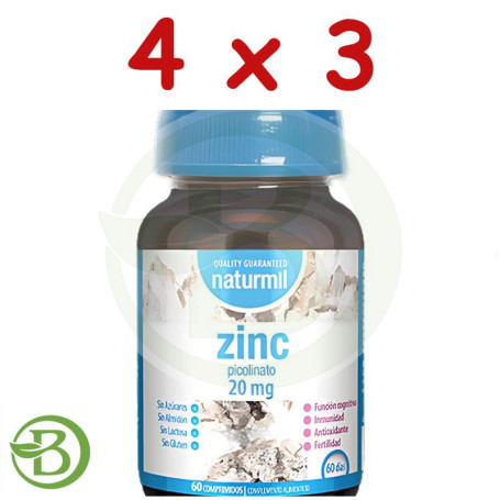 Pack 4x3 Zinc Picolinato 20Mg 60 Comprimidos Naturmil