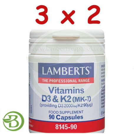 Pack 3x2 Vitaminas D3 2000Ui y K2 90Mcg 90 Cápsulas Lamberts